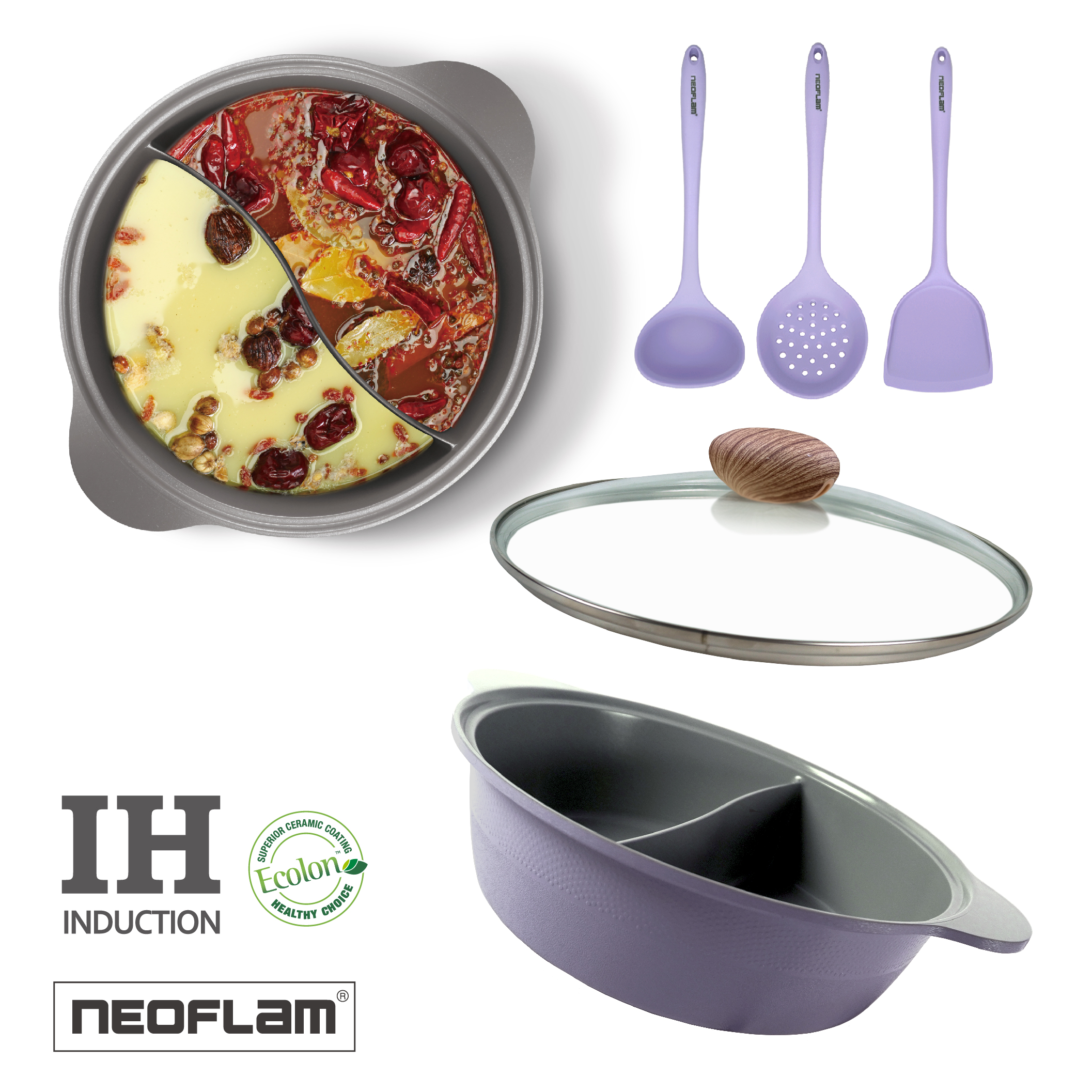 【NEOFLAM】陶瓷鑄造28公分鴛鴦鍋含玻璃蓋-紫+矽銀漏勺*1+矽銀抗菌湯勺*1+矽銀抗菌鍋鏟*1