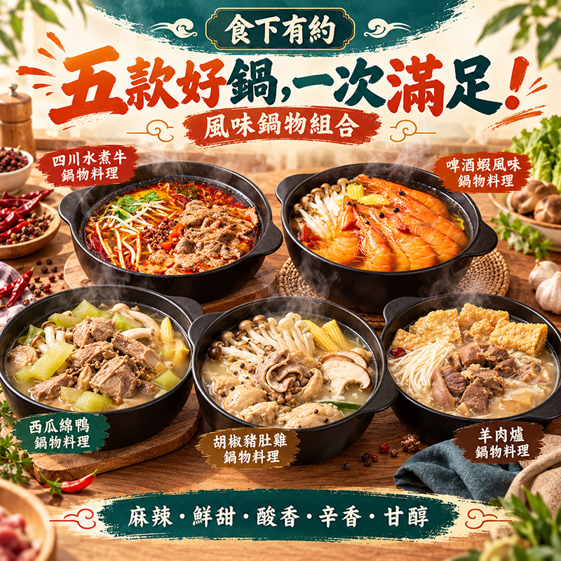 【食下有約】各式雙人鍋物5盒組 - 四川水煮牛*1、西瓜綿鴨*1、胡椒豬肚雞*1、羊肉爐*1、啤酒蝦風味*1