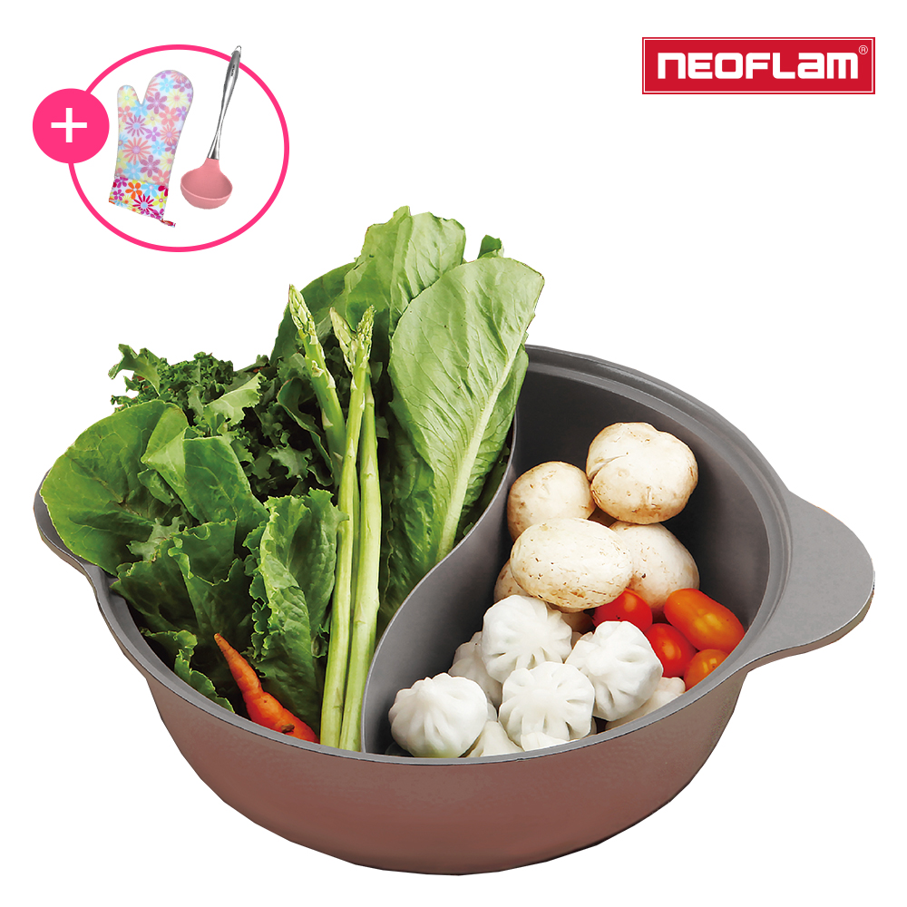 【NEOFLAM】陶瓷不沾鑄造28公分鴛鴦鍋,贈送粉色湯勺X1+手套X1