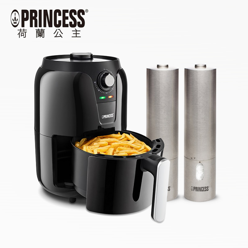 【PRINCESS 荷蘭公主】獨家組合|1.6公升健康氣炸鍋+不鏽鋼電動研磨椒鹽罐*2